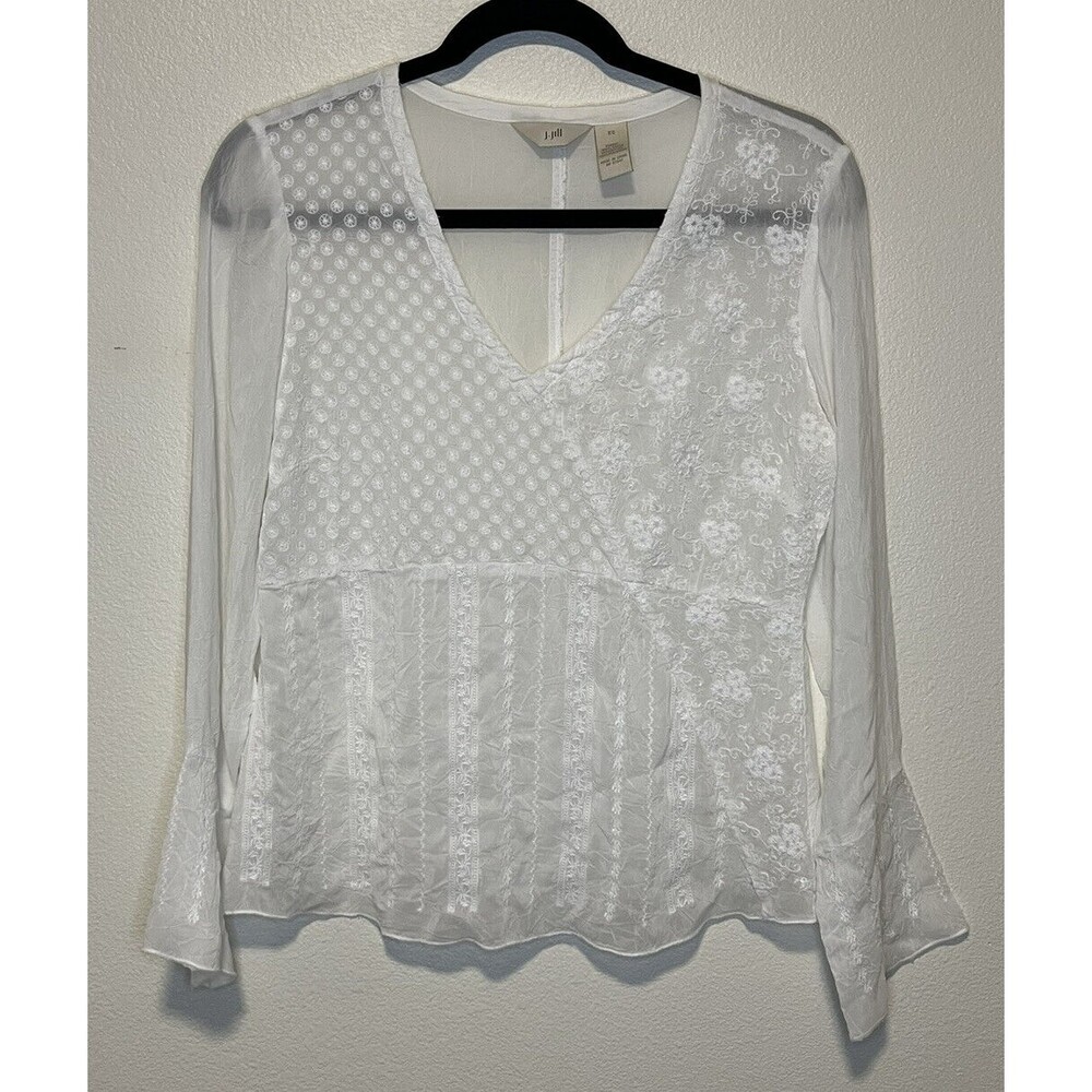 J Jill Womens Top Size XS White Crinkle Embroidered Fabric Semi Sheer